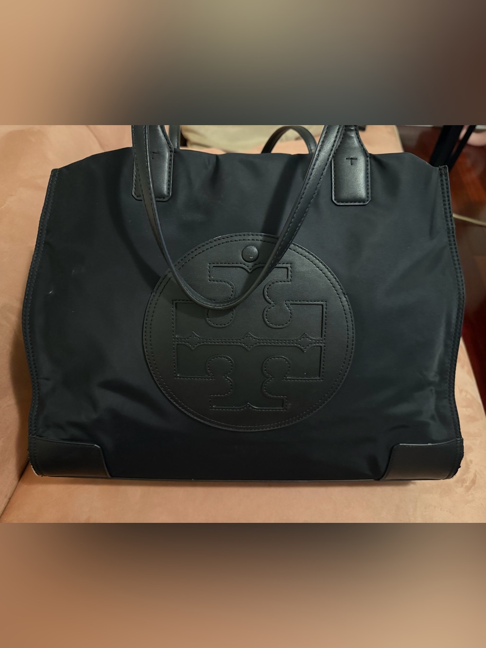 Tory Burch Black Nylon Logo Tote with Leather Trim